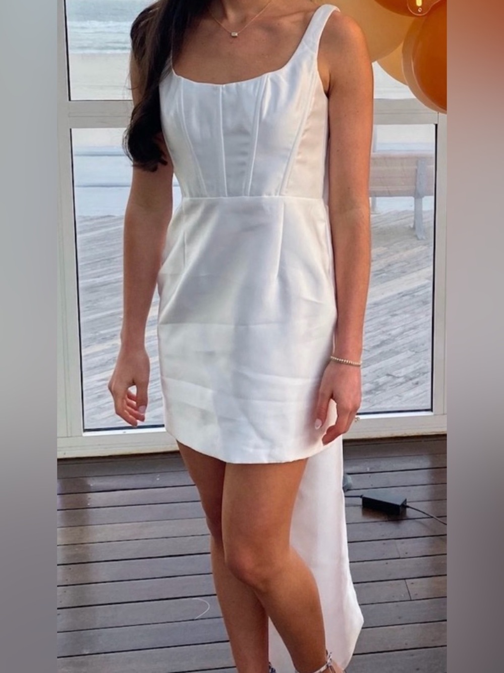 White Satin Mini Dress with Train